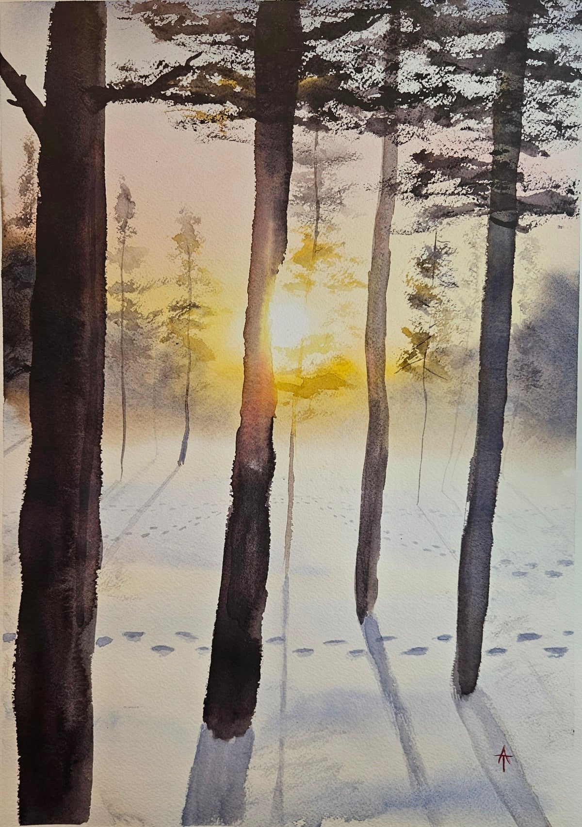 Solnedgång i midvintertid- akvarell