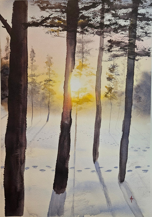 Solnedgång i midvintertid- akvarell